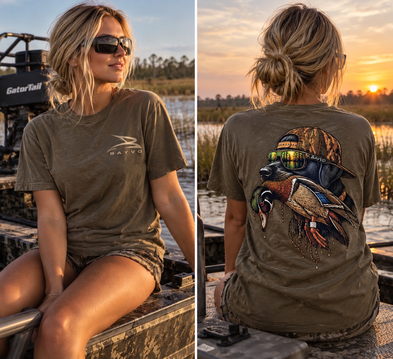 Bayvo graphic shirt front and duck-dog back at sunset on the marsh